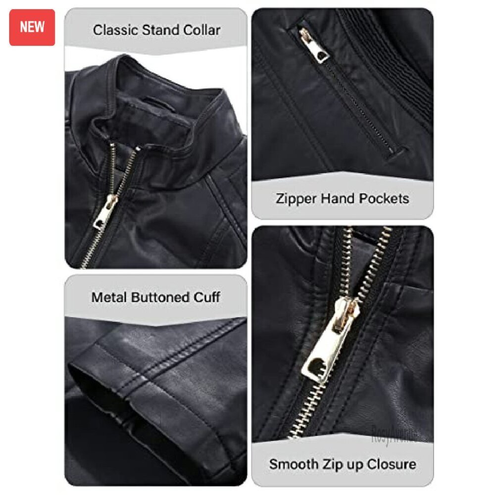 Faux Leather Motorcycle Jacket with Quilted Design and Pockets - Picture 7 of 8